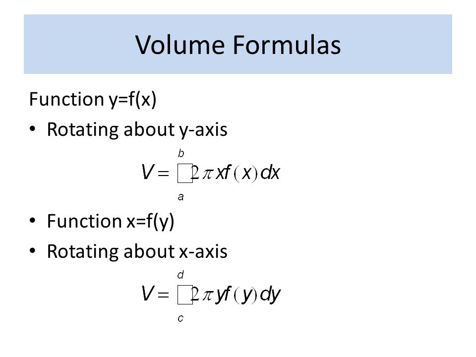 Volume Formulas Function y=f(x) Rotating about y-axis Function x=f(y) Rotating about x-axis