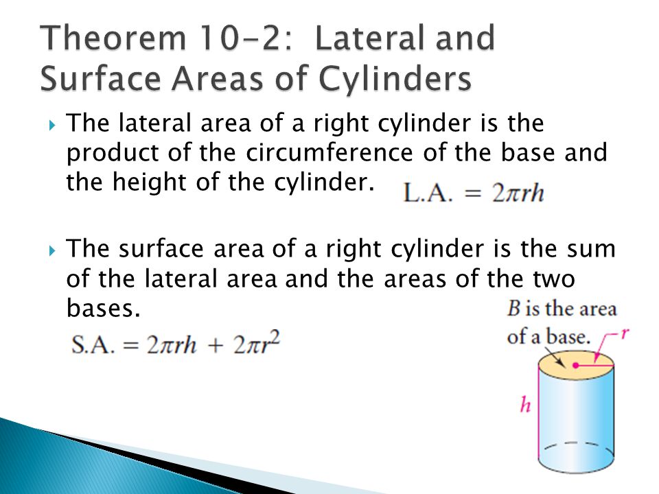  The lateral area of a right cylinder is the product of the circumference of the base and the height of the cylinder.
