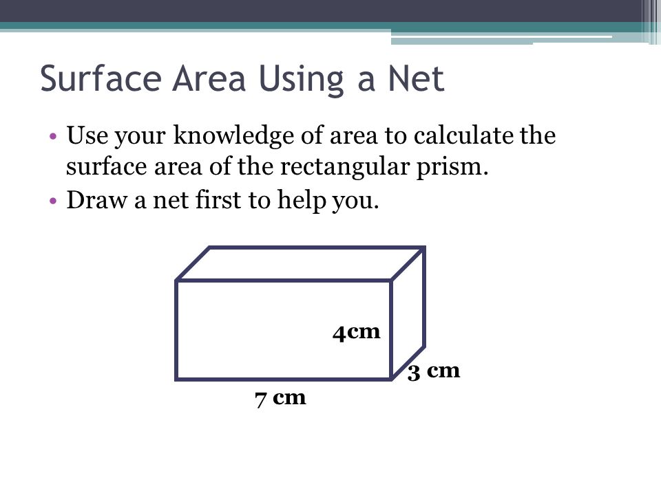 Surface Area Using a Net Use your knowledge of area to calculate the surface area of the rectangular prism.
