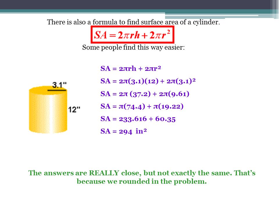 There is also a formula to find surface area of a cylinder.