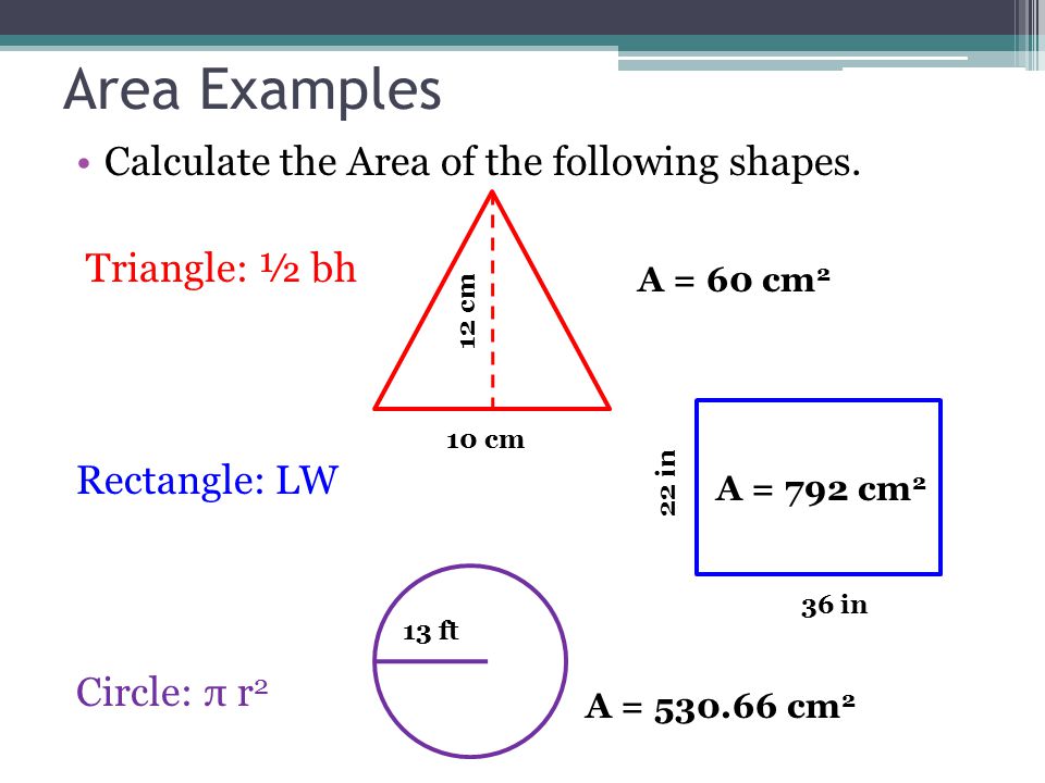Area Examples Calculate the Area of the following shapes.