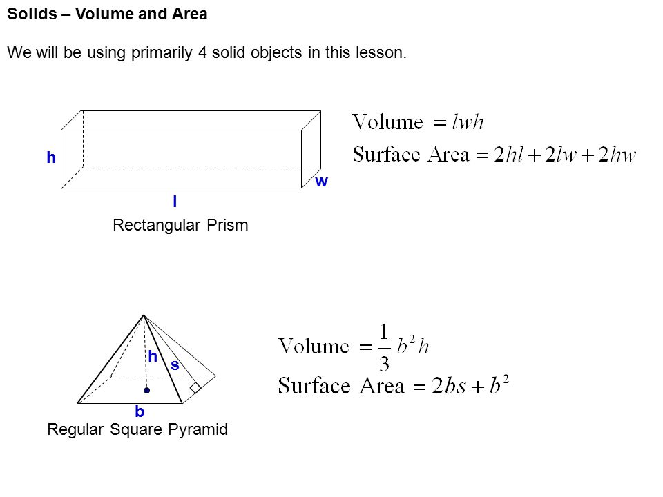 Solids – Volume and Area We will be using primarily 4 solid objects in this lesson.