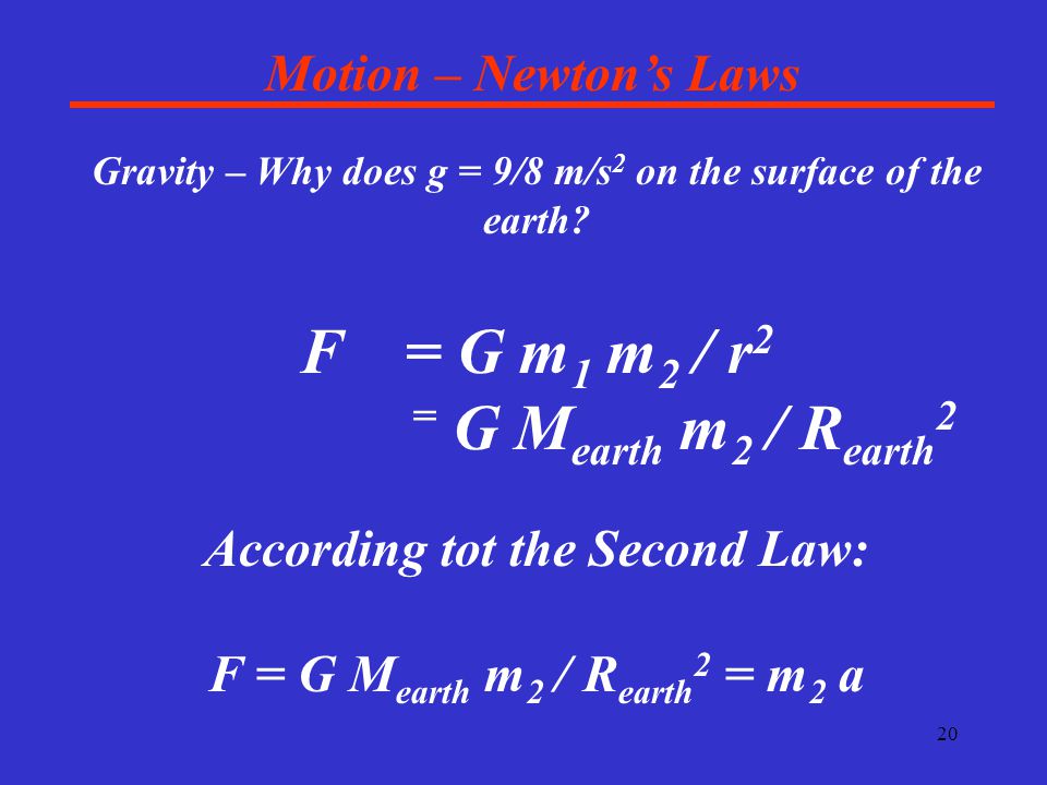20 Motion – Newton’s Laws Gravity – Why does g = 9/8 m/s 2 on the surface of the earth.