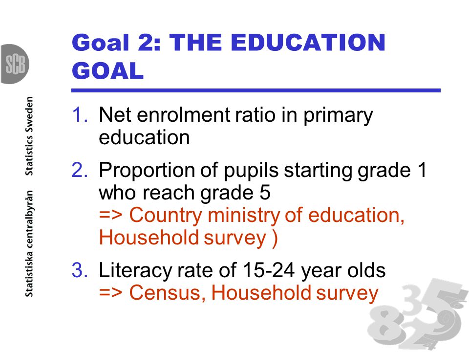 Goal 2: THE EDUCATION GOAL 1.Net enrolment ratio in primary education 2.Proportion of pupils starting grade 1 who reach grade 5 => Country ministry of education, Household survey ) 3.Literacy rate of year olds => Census, Household survey