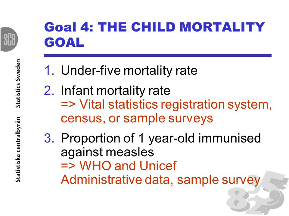 Goal 4: THE CHILD MORTALITY GOAL 1.Under-five mortality rate 2.Infant mortality rate => Vital statistics registration system, census, or sample surveys 3.Proportion of 1 year-old immunised against measles => WHO and Unicef Administrative data, sample survey