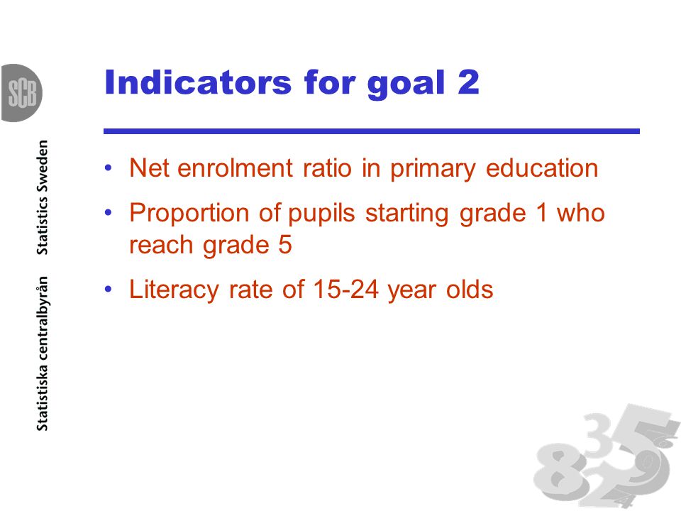 Indicators for goal 2 Net enrolment ratio in primary education Proportion of pupils starting grade 1 who reach grade 5 Literacy rate of year olds