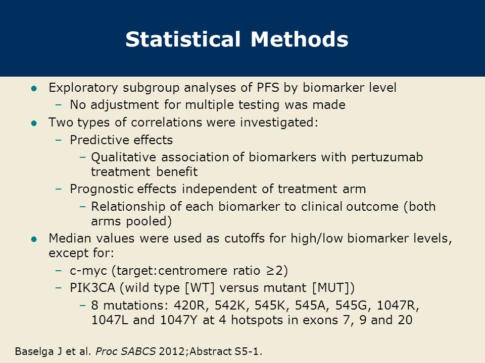 Statistical Methods Exploratory subgroup analyses of PFS by biomarker level –No adjustment for multiple testing was made Two types of correlations were investigated: –Predictive effects –Qualitative association of biomarkers with pertuzumab treatment benefit –Prognostic effects independent of treatment arm –Relationship of each biomarker to clinical outcome (both arms pooled) Median values were used as cutoffs for high/low biomarker levels, except for: –c-myc (target:centromere ratio ≥2) –PIK3CA (wild type [WT] versus mutant [MUT]) –8 mutations: 420R, 542K, 545K, 545A, 545G, 1047R, 1047L and 1047Y at 4 hotspots in exons 7, 9 and 20 Baselga J et al.