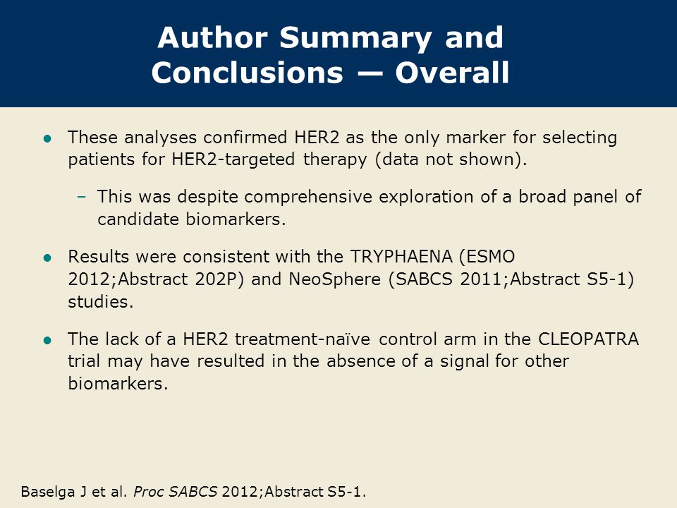 Author Summary and Conclusions — Overall These analyses confirmed HER2 as the only marker for selecting patients for HER2-targeted therapy (data not shown).