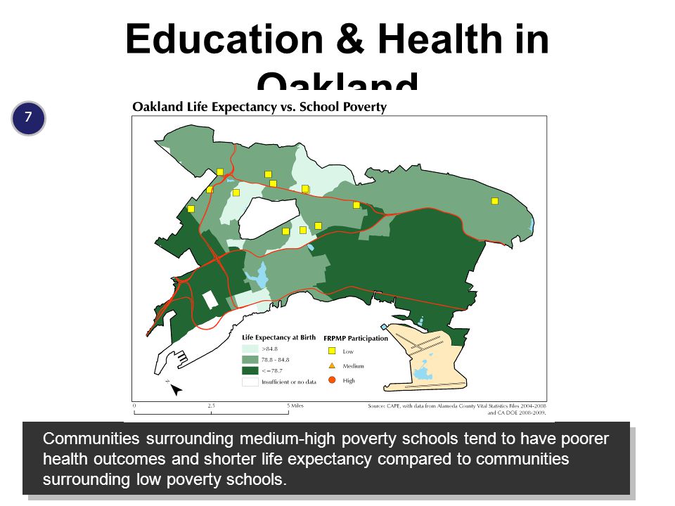 7 Education & Health in Oakland Communities surrounding medium-high poverty schools tend to have poorer health outcomes and shorter life expectancy compared to communities surrounding low poverty schools.