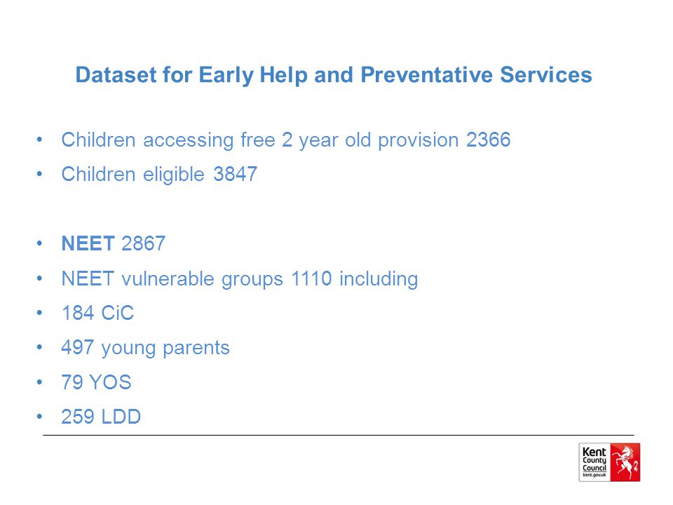 Dataset for Early Help and Preventative Services Children accessing free 2 year old provision 2366 Children eligible 3847 NEET 2867 NEET vulnerable groups 1110 including 184 CiC 497 young parents 79 YOS 259 LDD