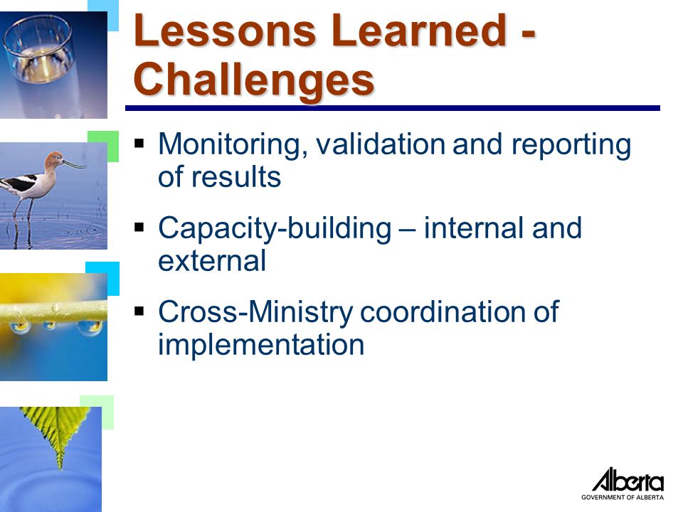 Lessons Learned - Challenges  Monitoring, validation and reporting of results  Capacity-building – internal and external  Cross-Ministry coordination of implementation