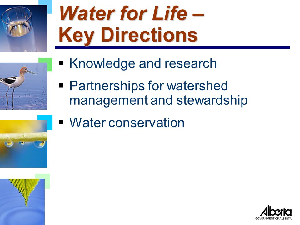 Water for Life – Key Directions  Knowledge and research  Partnerships for watershed management and stewardship  Water conservation