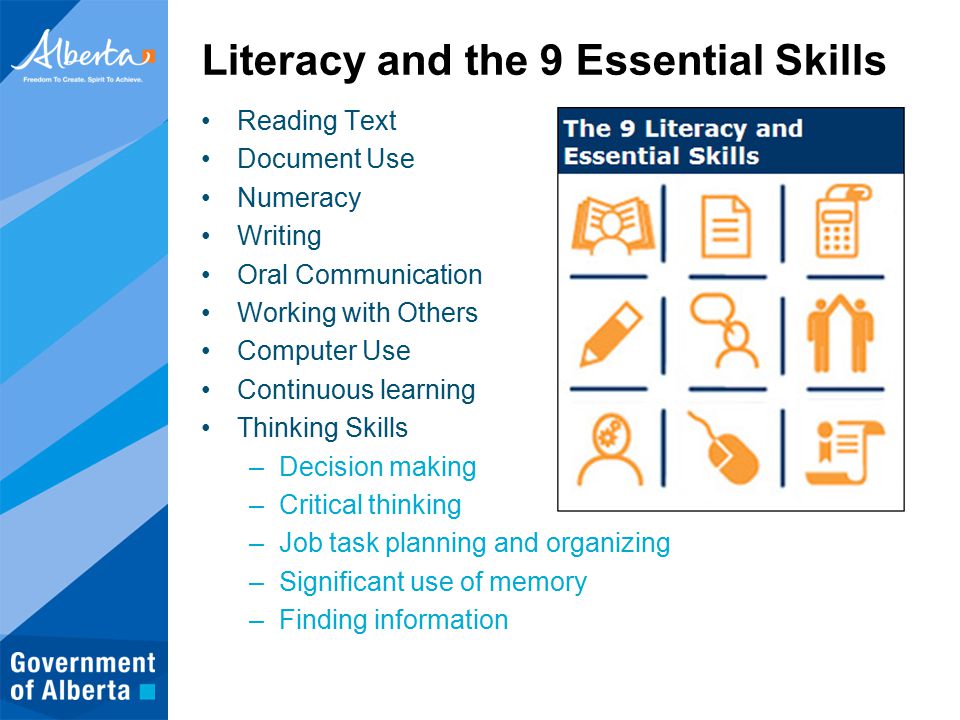 Literacy and the 9 Essential Skills Reading Text Document Use Numeracy Writing Oral Communication Working with Others Computer Use Continuous learning Thinking Skills –Decision making –Critical thinking –Job task planning and organizing –Significant use of memory –Finding information