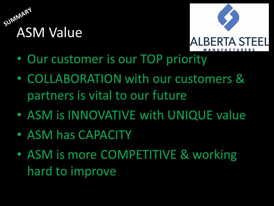 ASM Value Our customer is our TOP priority COLLABORATION with our customers & partners is vital to our future ASM is INNOVATIVE with UNIQUE value ASM has CAPACITY ASM is more COMPETITIVE & working hard to improve SUMMARY