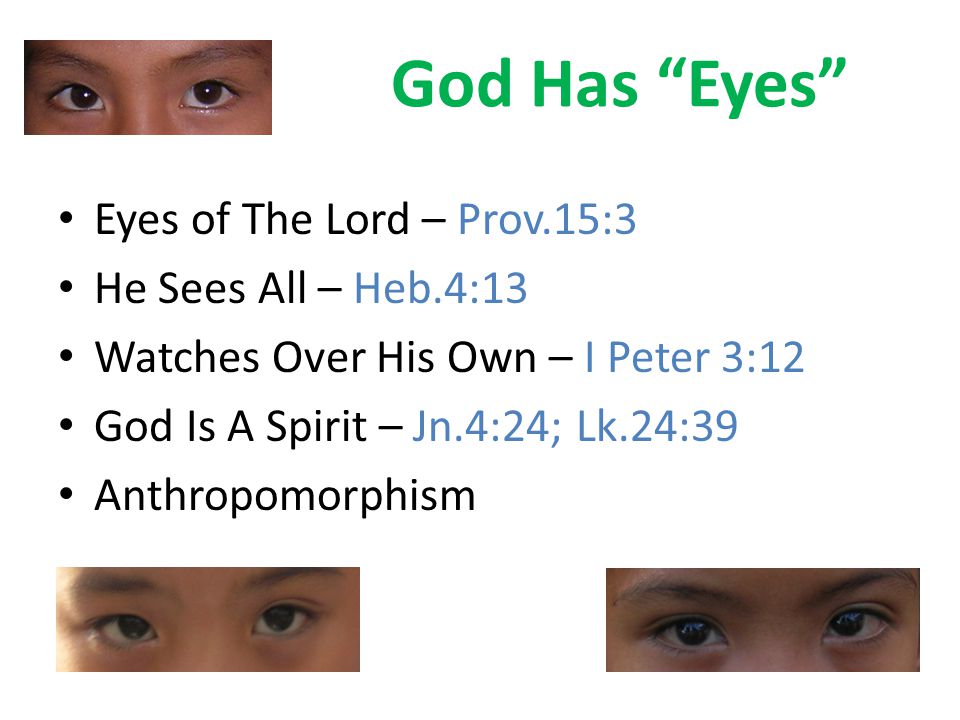 God Has Eyes Eyes of The Lord – Prov.15:3 He Sees All – Heb.4:13 Watches Over His Own – I Peter 3:12 God Is A Spirit – Jn.4:24; Lk.24:39 Anthropomorphism