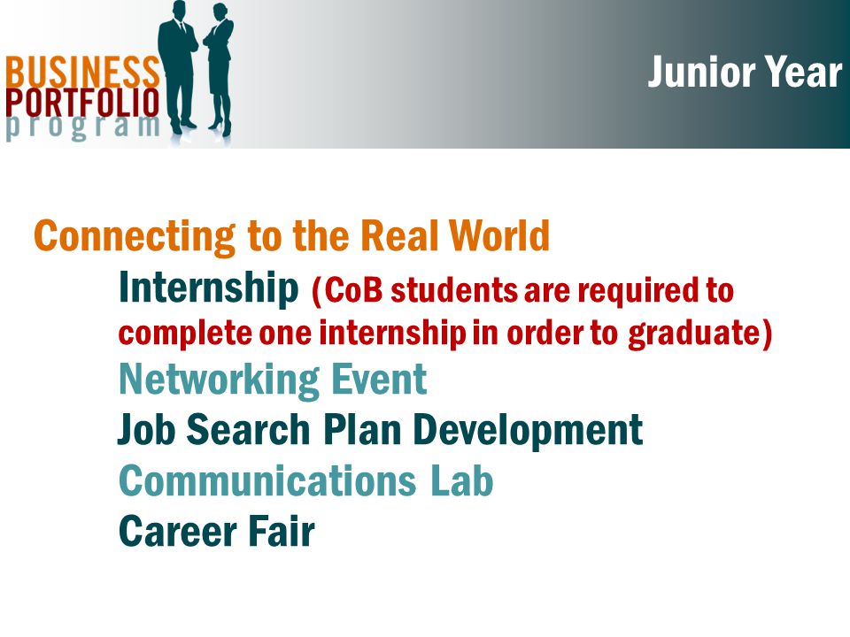 Junior Year Connecting to the Real World Internship (CoB students are required to complete one internship in order to graduate) Networking Event Job Search Plan Development Communications Lab Career Fair