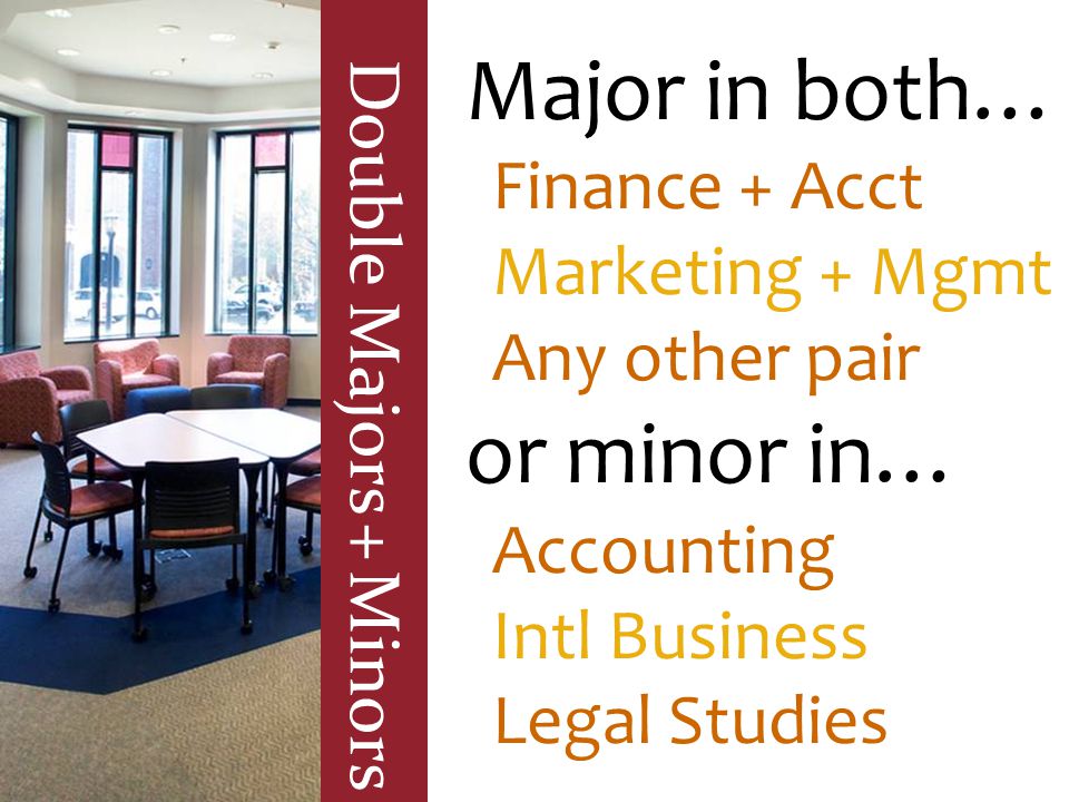 Double Majors + Minors Major in both… Finance + Acct Marketing + Mgmt Any other pair or minor in… Accounting Intl Business Legal Studies
