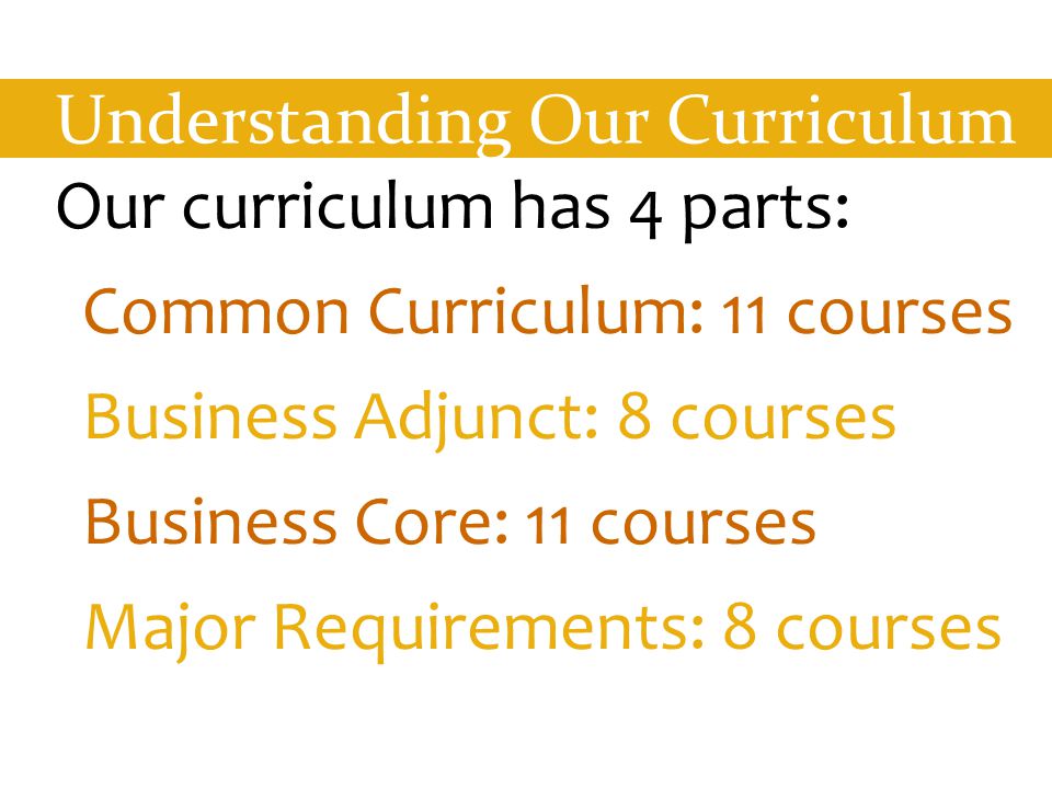 Understanding Our Curriculum Our curriculum has 4 parts: Common Curriculum: 11 courses Business Adjunct: 8 courses Business Core: 11 courses Major Requirements: 8 courses