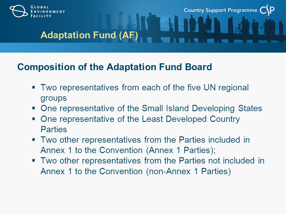 Adaptation Fund (AF) Composition of the Adaptation Fund Board  Two representatives from each of the five UN regional groups  One representative of the Small Island Developing States  One representative of the Least Developed Country Parties  Two other representatives from the Parties included in Annex 1 to the Convention (Annex 1 Parties);  Two other representatives from the Parties not included in Annex 1 to the Convention (non-Annex 1 Parties)