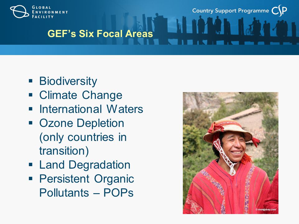 GEF’s Six Focal Areas  Biodiversity  Climate Change  International Waters  Ozone Depletion (only countries in transition)  Land Degradation  Persistent Organic Pollutants – POPs