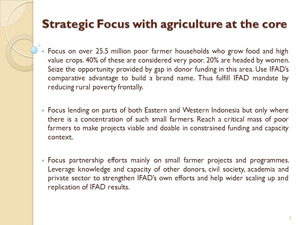 Strategic Focus with agriculture at the core Focus on over 25.5 million poor farmer households who grow food and high value crops.