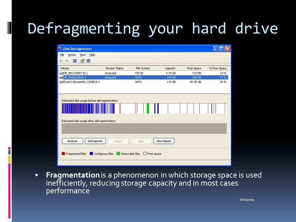 Defragmenting your hard drive  Fragmentation is a phenomenon in which storage space is used inefficiently, reducing storage capacity and in most cases performance Wikipedia