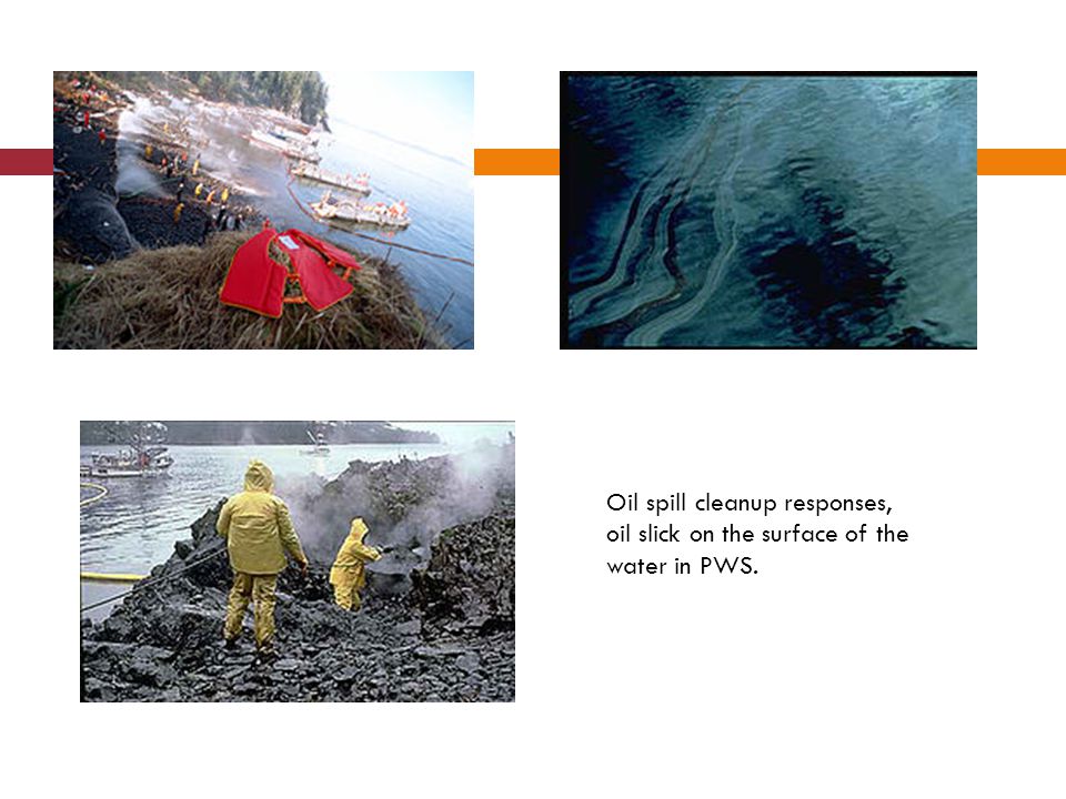 Oil spill cleanup responses, oil slick on the surface of the water in PWS.