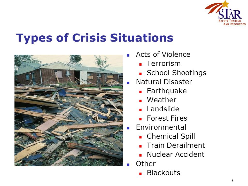 6 Types of Crisis Situations Acts of Violence Terrorism School Shootings Natural Disaster Earthquake Weather Landslide Forest Fires Environmental Chemical Spill Train Derailment Nuclear Accident Other Blackouts