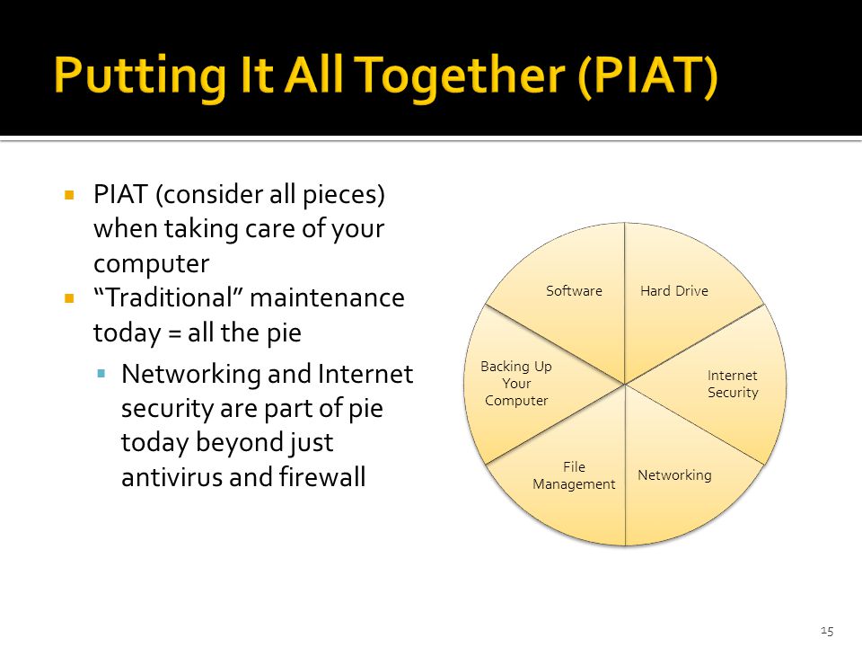  PIAT (consider all pieces) when taking care of your computer  Traditional maintenance today = all the pie  Networking and Internet security are part of pie today beyond just antivirus and firewall 15 Hard Drive Internet Security Networking File Management Backing Up Your Computer Software