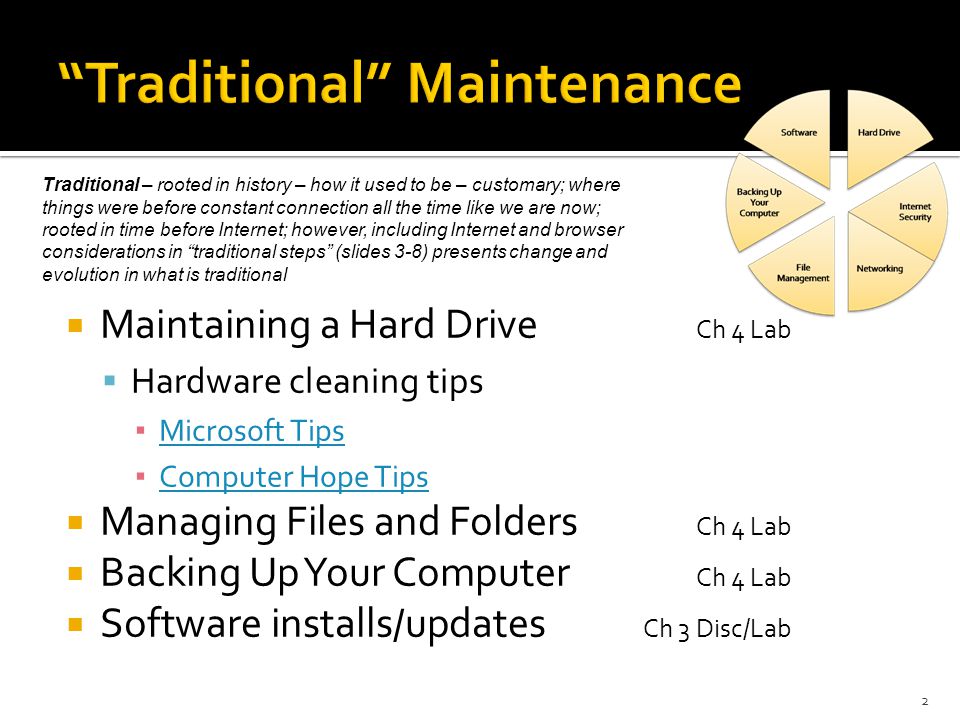  Maintaining a Hard Drive Ch 4 Lab  Hardware cleaning tips ▪ Microsoft Tips Microsoft Tips ▪ Computer Hope Tips Computer Hope Tips  Managing Files and Folders Ch 4 Lab  Backing Up Your Computer Ch 4 Lab  Software installs/updates Ch 3 Disc/Lab Traditional – rooted in history – how it used to be – customary; where things were before constant connection all the time like we are now; rooted in time before Internet; however, including Internet and browser considerations in traditional steps (slides 3-8) presents change and evolution in what is traditional 2