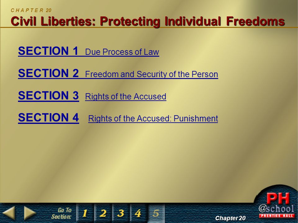 Civil Liberties: Protecting Individual Freedoms C H A P T E R 20 Civil Liberties: Protecting Individual Freedoms SECTION 1 Due Process of Law SECTION 2 Freedom and Security of the Person SECTION 3 Rights of the Accused Rights of the Accused SECTION 4 Rights of the Accused: Punishment Rights of the Accused: Punishment Chapter 20
