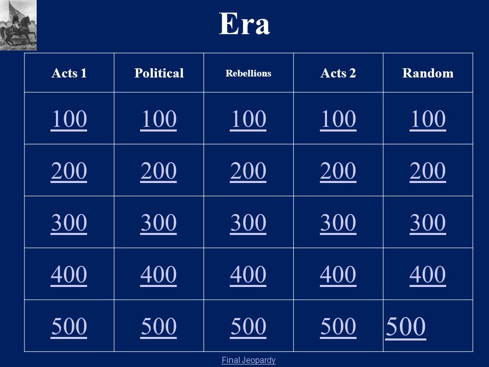 Era Acts 1Political Rebellions Acts 2Random Final Jeopardy