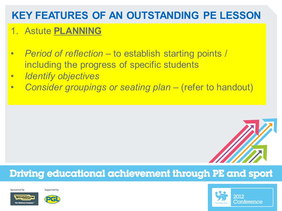 KEY FEATURES OF AN OUTSTANDING PE LESSON 1.Astute PLANNING Period of reflection – to establish starting points / including the progress of specific students Identify objectives Consider groupings or seating plan – (refer to handout)