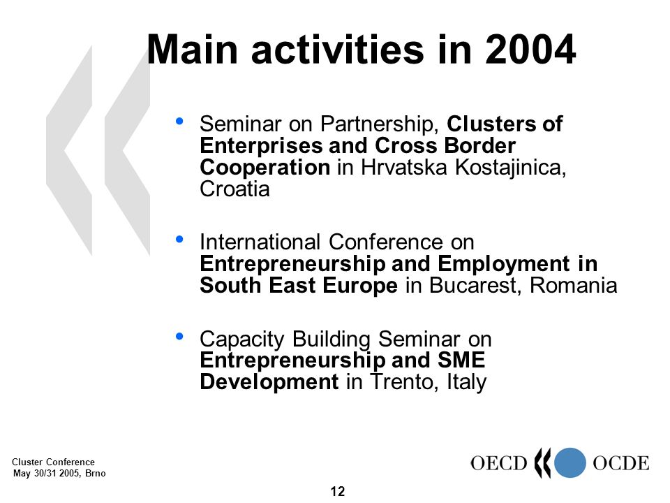 Cluster Conference May 30/ , Brno 12 Main activities in 2004 Seminar on Partnership, Clusters of Enterprises and Cross Border Cooperation in Hrvatska Kostajinica, Croatia International Conference on Entrepreneurship and Employment in South East Europe in Bucarest, Romania Capacity Building Seminar on Entrepreneurship and SME Development in Trento, Italy