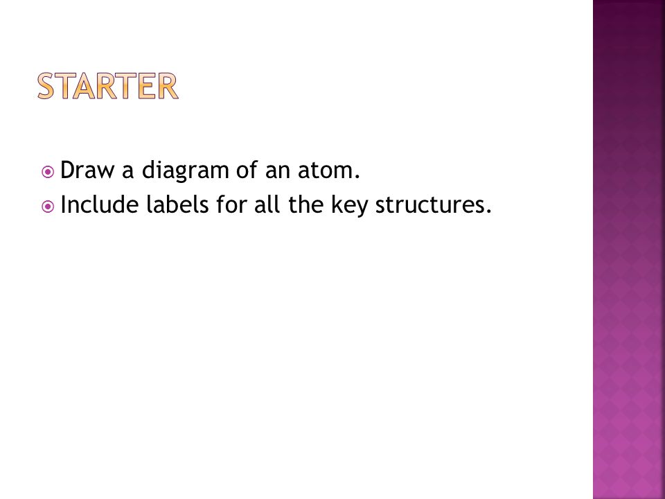  Draw a diagram of an atom.  Include labels for all the key structures.
