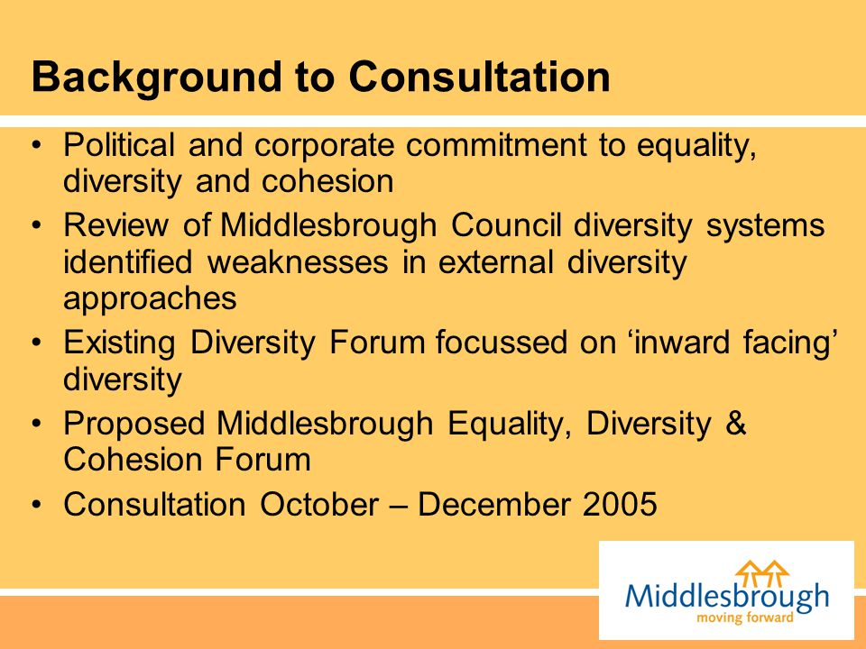 Background to Consultation Political and corporate commitment to equality, diversity and cohesion Review of Middlesbrough Council diversity systems identified weaknesses in external diversity approaches Existing Diversity Forum focussed on ‘inward facing’ diversity Proposed Middlesbrough Equality, Diversity & Cohesion Forum Consultation October – December 2005
