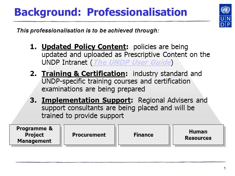 5 Background: Professionalisation 1.Updated Policy Content: policies are being updated and uploaded as Prescriptive Content on the UNDP Intranet (The UNDP User Guide)The UNDP User Guide 2.Training & Certification: industry standard and UNDP-specific training courses and certification examinations are being prepared 3.Implementation Support: Regional Advisers and support consultants are being placed and will be trained to provide support This professionalisation is to be achieved through: Programme & Project Management Procurement Finance Human Resources