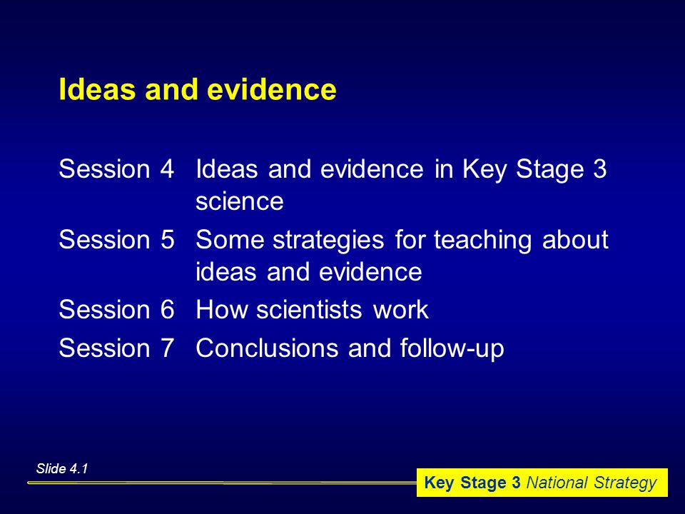 Key Stage 3 National Strategy Ideas and evidence Session 4 Ideas and evidence in Key Stage 3 science Session 5Some strategies for teaching about ideas and evidence Session 6How scientists work Session 7Conclusions and follow-up Slide 4.1