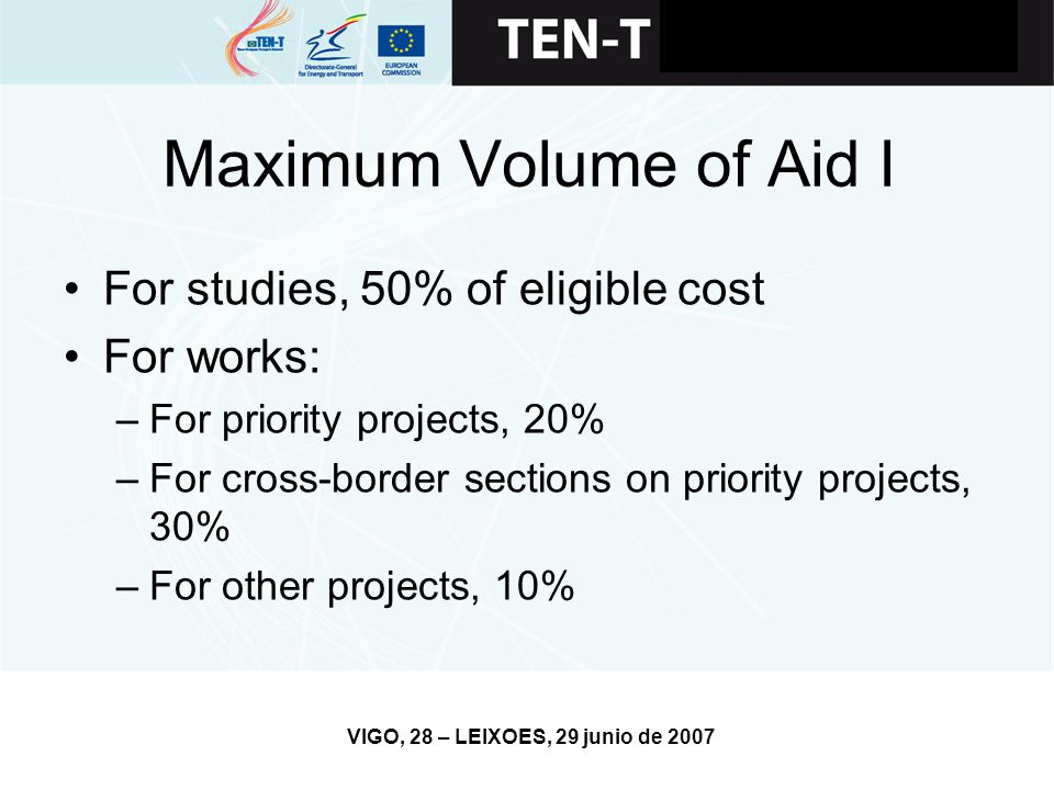 VIGO, 28 – LEIXOES, 29 junio de 2007 Maximum Volume of Aid I For studies, 50% of eligible cost For works: –For priority projects, 20% –For cross-border sections on priority projects, 30% –For other projects, 10%