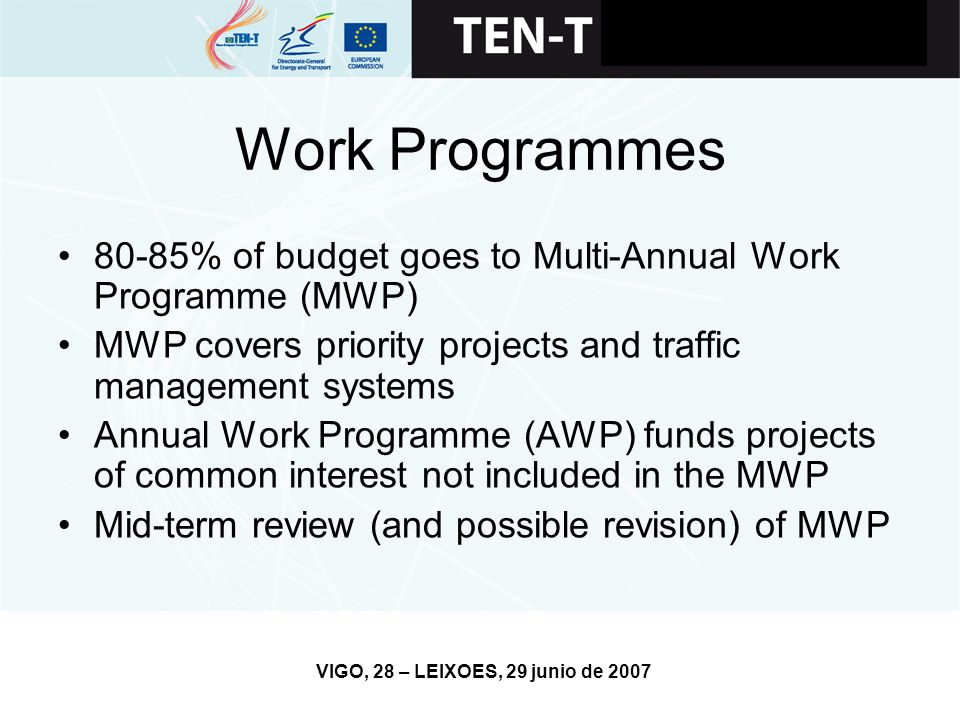 VIGO, 28 – LEIXOES, 29 junio de 2007 Work Programmes 80-85% of budget goes to Multi-Annual Work Programme (MWP) MWP covers priority projects and traffic management systems Annual Work Programme (AWP) funds projects of common interest not included in the MWP Mid-term review (and possible revision) of MWP