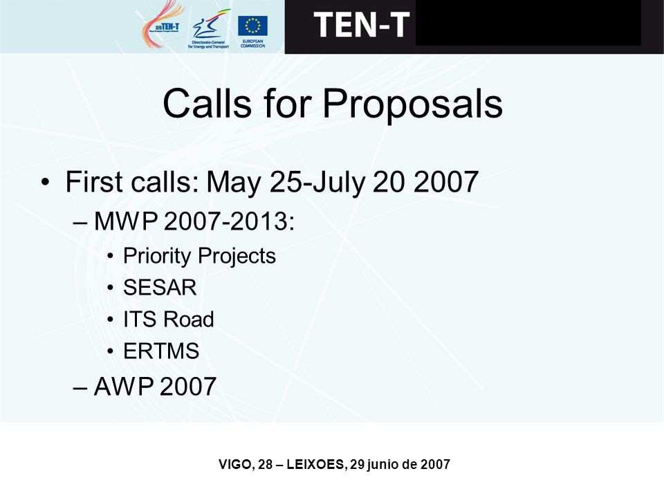 VIGO, 28 – LEIXOES, 29 junio de 2007 Calls for Proposals First calls: May 25-July –MWP : Priority Projects SESAR ITS Road ERTMS –AWP 2007
