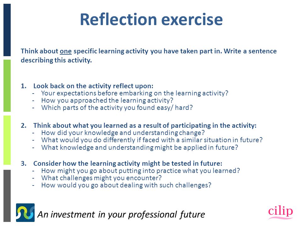 An investment in your professional future Reflection exercise Think about one specific learning activity you have taken part in.