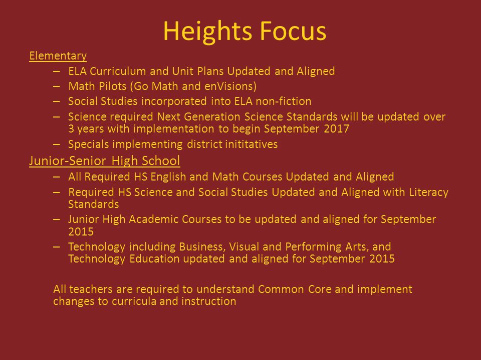 Heights Focus Elementary – ELA Curriculum and Unit Plans Updated and Aligned – Math Pilots (Go Math and enVisions) – Social Studies incorporated into ELA non-fiction – Science required Next Generation Science Standards will be updated over 3 years with implementation to begin September 2017 – Specials implementing district inititatives Junior-Senior High School – All Required HS English and Math Courses Updated and Aligned – Required HS Science and Social Studies Updated and Aligned with Literacy Standards – Junior High Academic Courses to be updated and aligned for September 2015 – Technology including Business, Visual and Performing Arts, and Technology Education updated and aligned for September 2015 All teachers are required to understand Common Core and implement changes to curricula and instruction