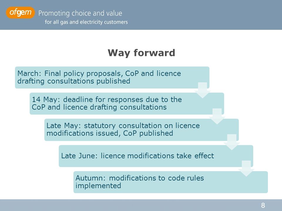 8 Way forward March: Final policy proposals, CoP and licence drafting consultations published 14 May: deadline for responses due to the CoP and licence drafting consultations Late May: statutory consultation on licence modifications issued, CoP published Late June: licence modifications take effect Autumn: modifications to code rules implemented