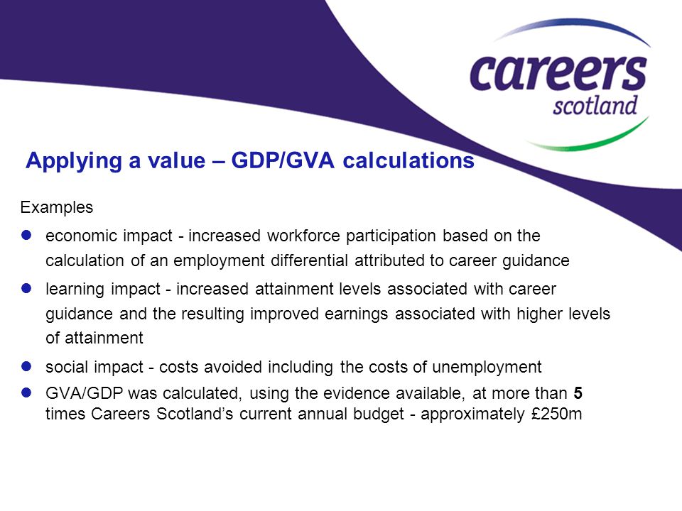 Applying a value – GDP/GVA calculations Examples economic impact - increased workforce participation based on the calculation of an employment differential attributed to career guidance learning impact - increased attainment levels associated with career guidance and the resulting improved earnings associated with higher levels of attainment social impact - costs avoided including the costs of unemployment GVA/GDP was calculated, using the evidence available, at more than 5 times Careers Scotland’s current annual budget - approximately £250m