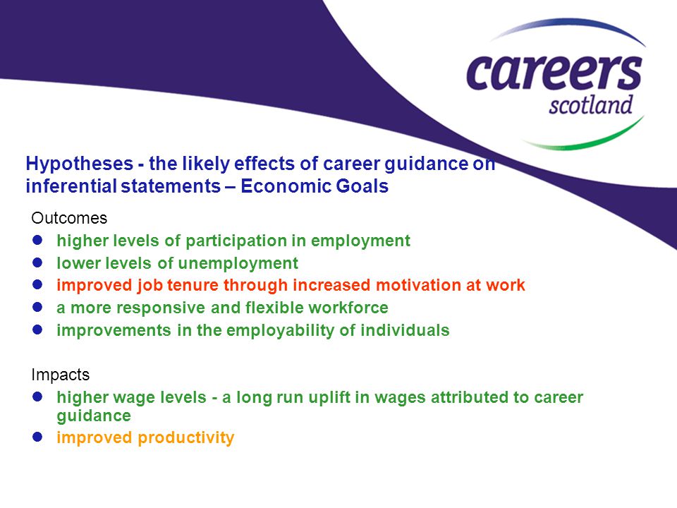 Hypotheses - the likely effects of career guidance on inferential statements – Economic Goals Outcomes higher levels of participation in employment lower levels of unemployment improved job tenure through increased motivation at work a more responsive and flexible workforce improvements in the employability of individuals Impacts higher wage levels - a long run uplift in wages attributed to career guidance improved productivity