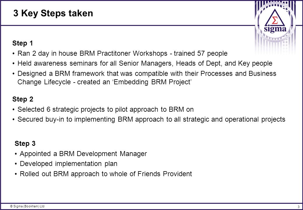 © Sigma (Bookham) Ltd 3 3 Key Steps taken Step 1 Ran 2 day in house BRM Practitoner Workshops - trained 57 people Held awareness seminars for all Senior Managers, Heads of Dept, and Key people Designed a BRM framework that was compatible with their Processes and Business Change Lifecycle - created an ‘Embedding BRM Project’ Step 2 Selected 6 strategic projects to pilot approach to BRM on Secured buy-in to implementing BRM approach to all strategic and operational projects Step 3 Appointed a BRM Development Manager Developed implementation plan Rolled out BRM approach to whole of Friends Provident
