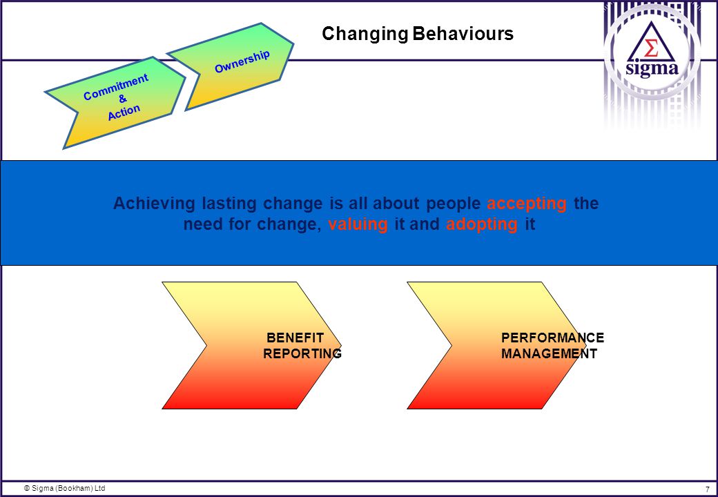 © Sigma (Bookham) Ltd 7 Changing Behaviours BENEFIT REPORTING Achieving lasting change is all about people accepting the need for change, valuing it and adopting it Commitment & Action Ownership PERFORMANCE MANAGEMENT