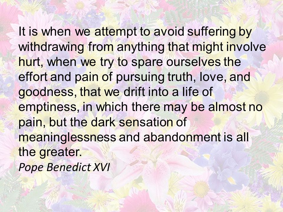 It is when we attempt to avoid suffering by withdrawing from anything that might involve hurt, when we try to spare ourselves the effort and pain of pursuing truth, love, and goodness, that we drift into a life of emptiness, in which there may be almost no pain, but the dark sensation of meaninglessness and abandonment is all the greater.