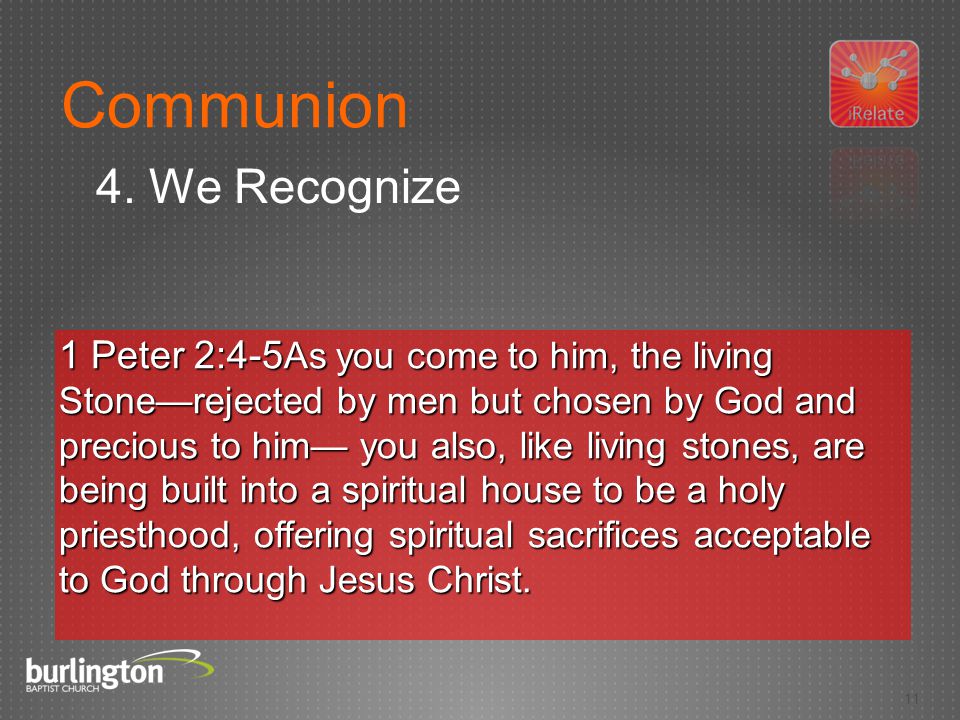 11 1 Peter 2:4-5As you come to him, the living Stone—rejected by men but chosen by God and precious to him— you also, like living stones, are being built into a spiritual house to be a holy priesthood, offering spiritual sacrifices acceptable to God through Jesus Christ.